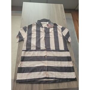 Gacaky Button Down Shirt Sz S Swimsuit Beach Shirt Tops Beige & Black Striped